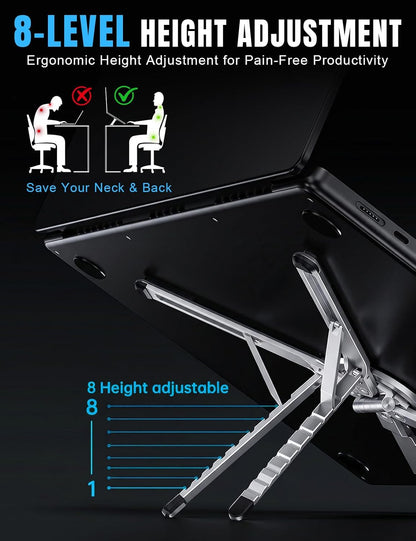 4-in-1 Foldable Laptop Stand & Magnetic Phone Holder, Silver Aerospace Aluminum Portable Desk Mount with N52 MagSafe Compatible Tripod Handle for MacBook Pro, iPad, Travel & Vlogging