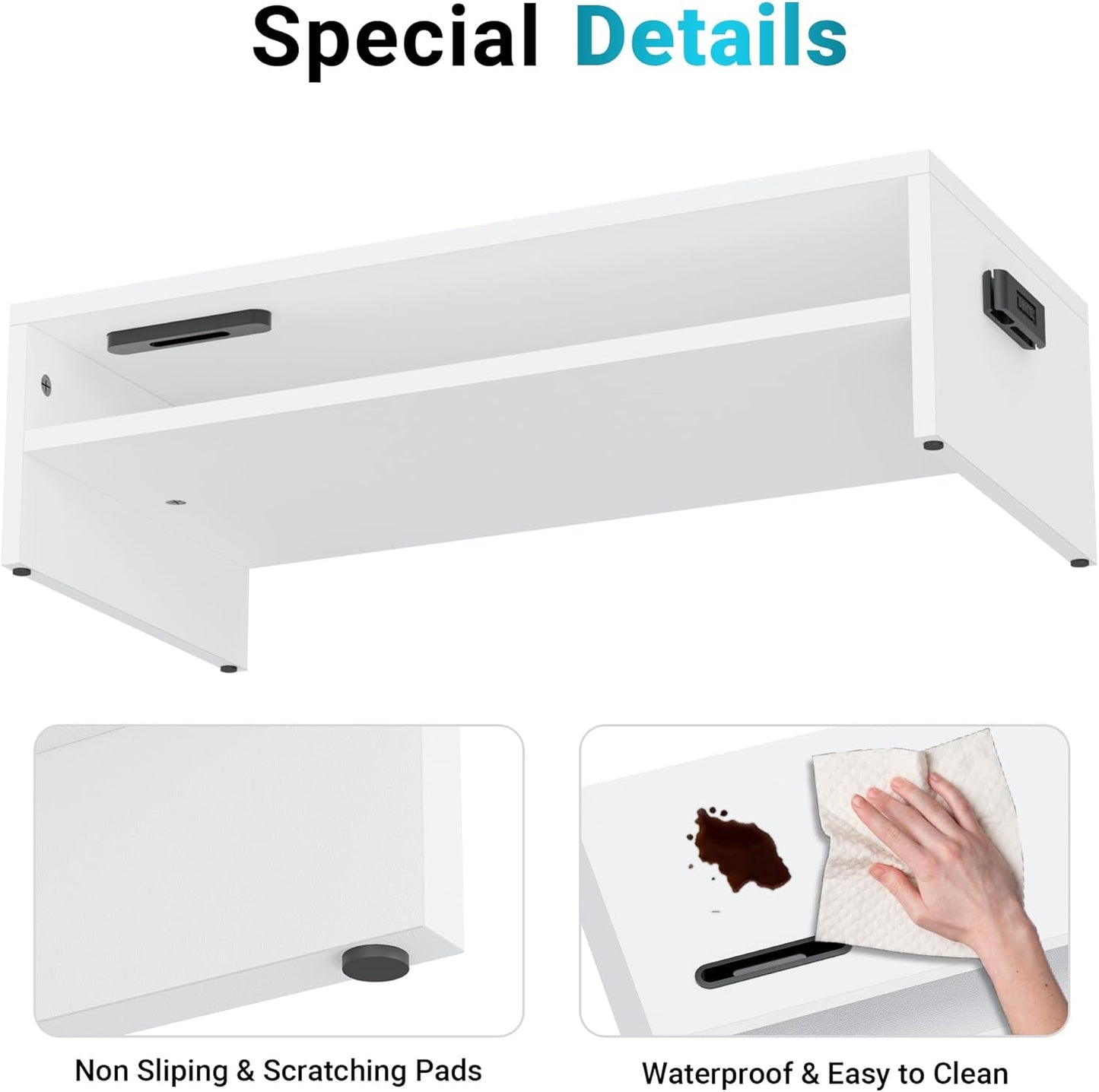 BONTEC Wooden Monitor Stand Riser for Desk, 2-Tier Computer Monitor Stand with Storage, 66 lbs Desk Shelf Organizer, Laptop & Printer Stand with Phone Holder and Cable Management, White, 16.5 Inch