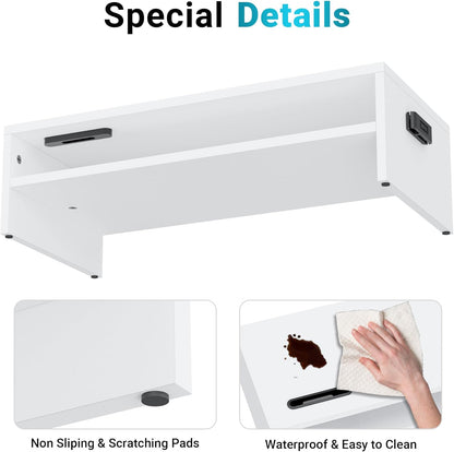 BONTEC Wooden Monitor Stand Riser for Desk, 2-Tier Computer Monitor Stand with Storage, 66 lbs Desk Shelf Organizer, Laptop & Printer Stand with Phone Holder and Cable Management, White, 16.5 Inch