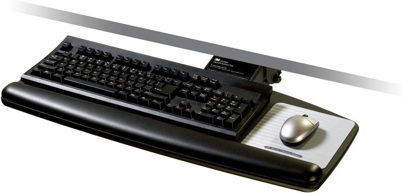 3M Keyboard Tray, Just Lift To Adjust Height And Tilt, Sturdy Tray Includes Gel Wrist Rest And Precise Mouse Pad, Swivels Side To Side And Stores Under Desk, 23" Track, Black (AKT90LE)