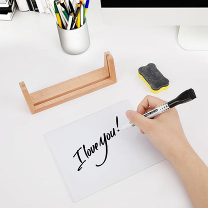 Desktop Glass Whiteboard with Wood Base, Small Whiteboard Glass Dry Erase Board Mini Whiteboard Portable Desk Whiteboard for Home, Office, 6.9x5.86 inch. Accessories Included