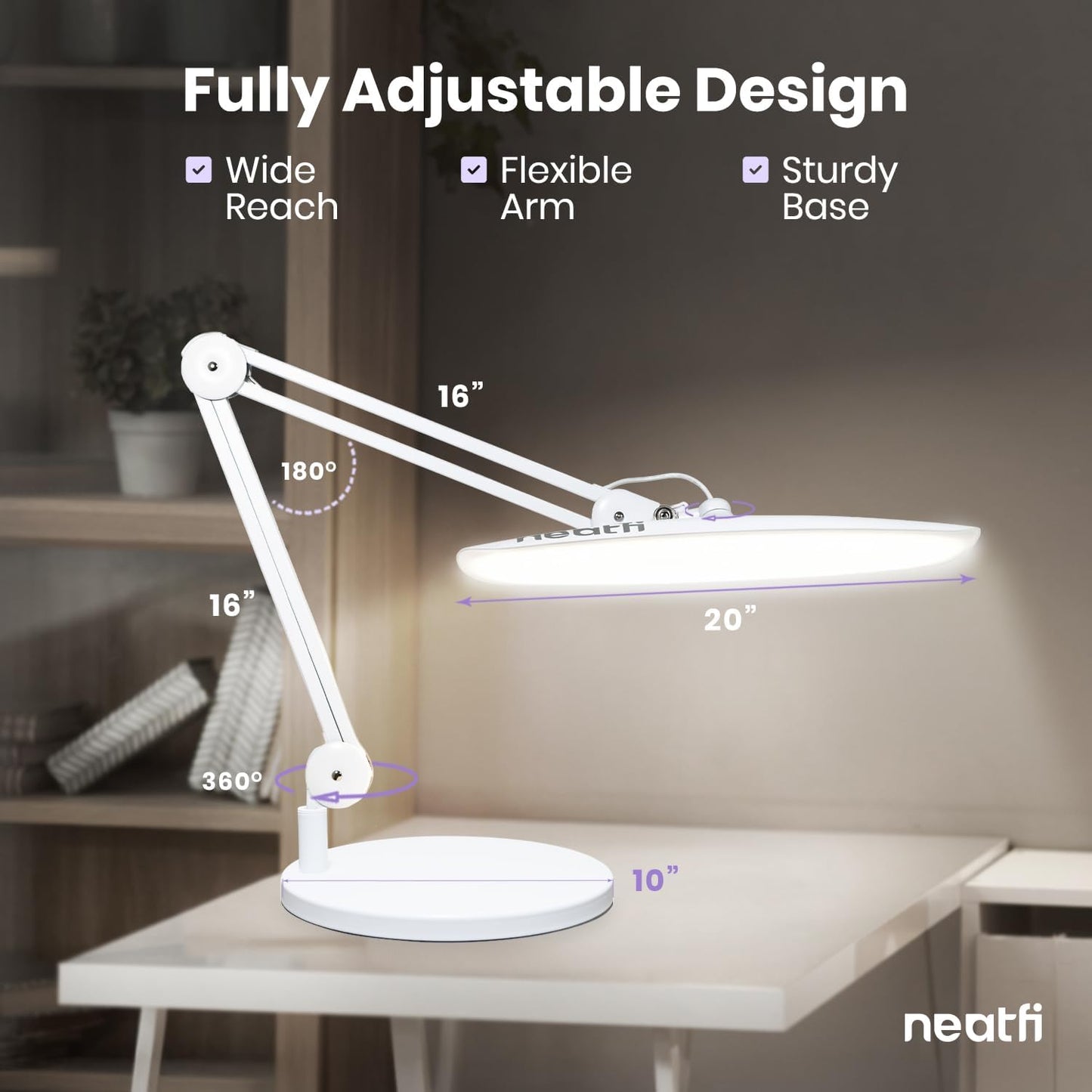 Neatfi XL 2200 Lumens 24W LED Desk Lamp – Shadow-Free Task Lighting | 4-Level Dimming | Home Office & Crafts Use | 20-Inch Wide Head (White, Non-CCT with Clamp)