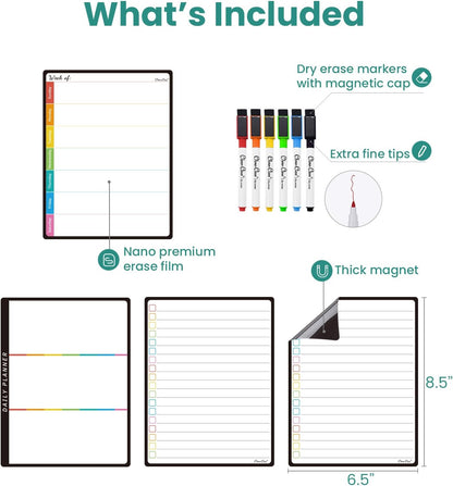 Magnetic Dry Erase Chore Chart - 14.5"x11" Chore Chart for Kids, Teens and Adults - 6.5"x8.5" List Board for Fridge - 6 Extra Fine Point Markers Included - Shipped Flat
