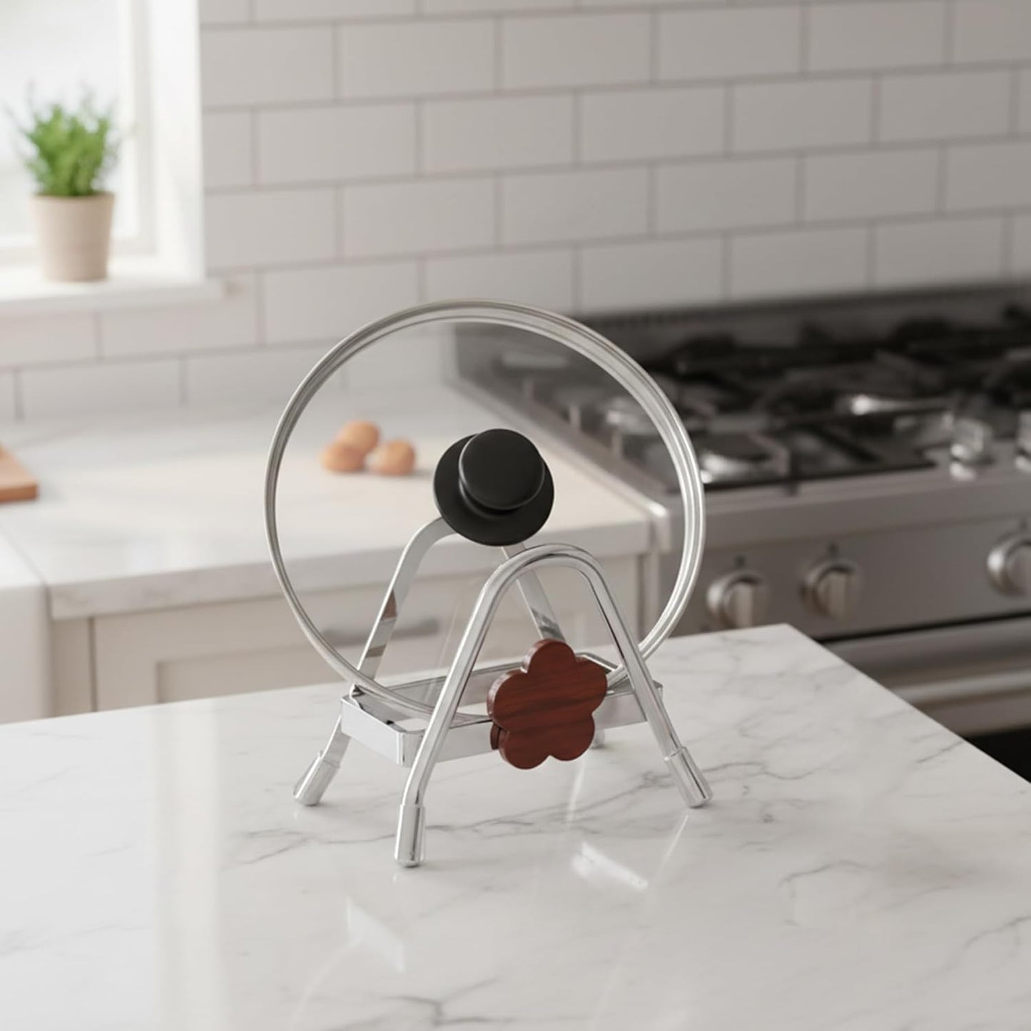 Cutting Board Rack - Stainless Steel Chopping Board Pot Lid Holder Stand with Flower Decor, Stable Triangle for Kitchen Countertop Pots Pan Plate Cutting Boards Cooking Mats Cookware