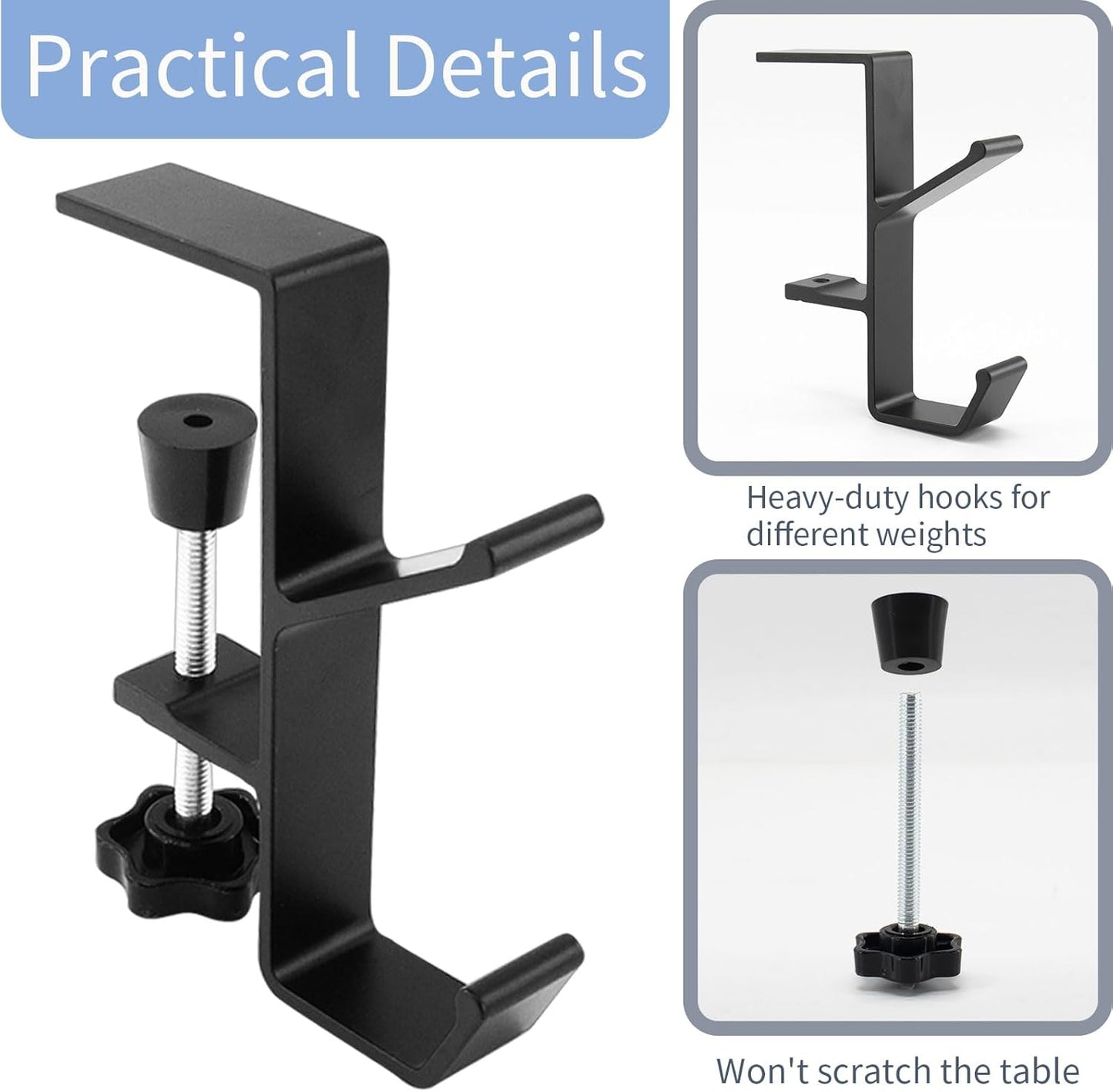 Desk Mount Bag Holder Hook Clamp-On Backpack Hanger Portable Desk Mount Headphones Holder Reduce Desk Clutter for Table Desk, Under Counter (Black)
