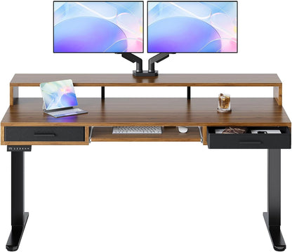 HUANUO 55″ x 26″ Electric Standing Desk with 2 Drawers &24.4″ Large Keyboard Tray, C-Clamp Mount Compatible, Adjustable Computer Desk for Office, Sit Stand Up Desk with 4 Height Presets, Light Walnut