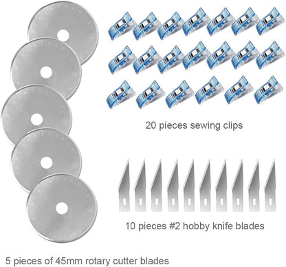 Headley Tools Rotary Cutter Set - 45mm Fabric Cutter, 5 Extra Rotary Blades, A3 Cutting Mat, Quilting Ruler and Sewing Clips, Craft Knife Set, Ideal for Crafting, Sewing, Patchworking, Purple