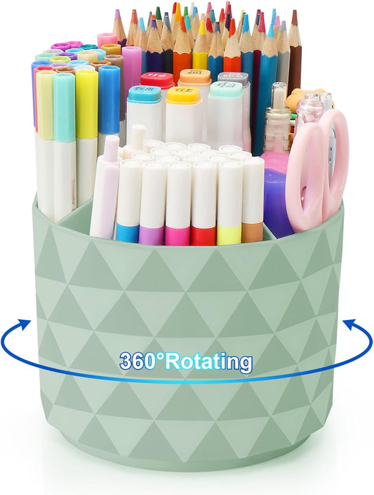 Desk Organizer, 360-Degree Rotating Pencil Pen Holders For Desk, Diamond Pattern Pen Organizer With 5 Compartments, Cute Desk Accessories Decor For Office, School,Home,Art Supply (White)