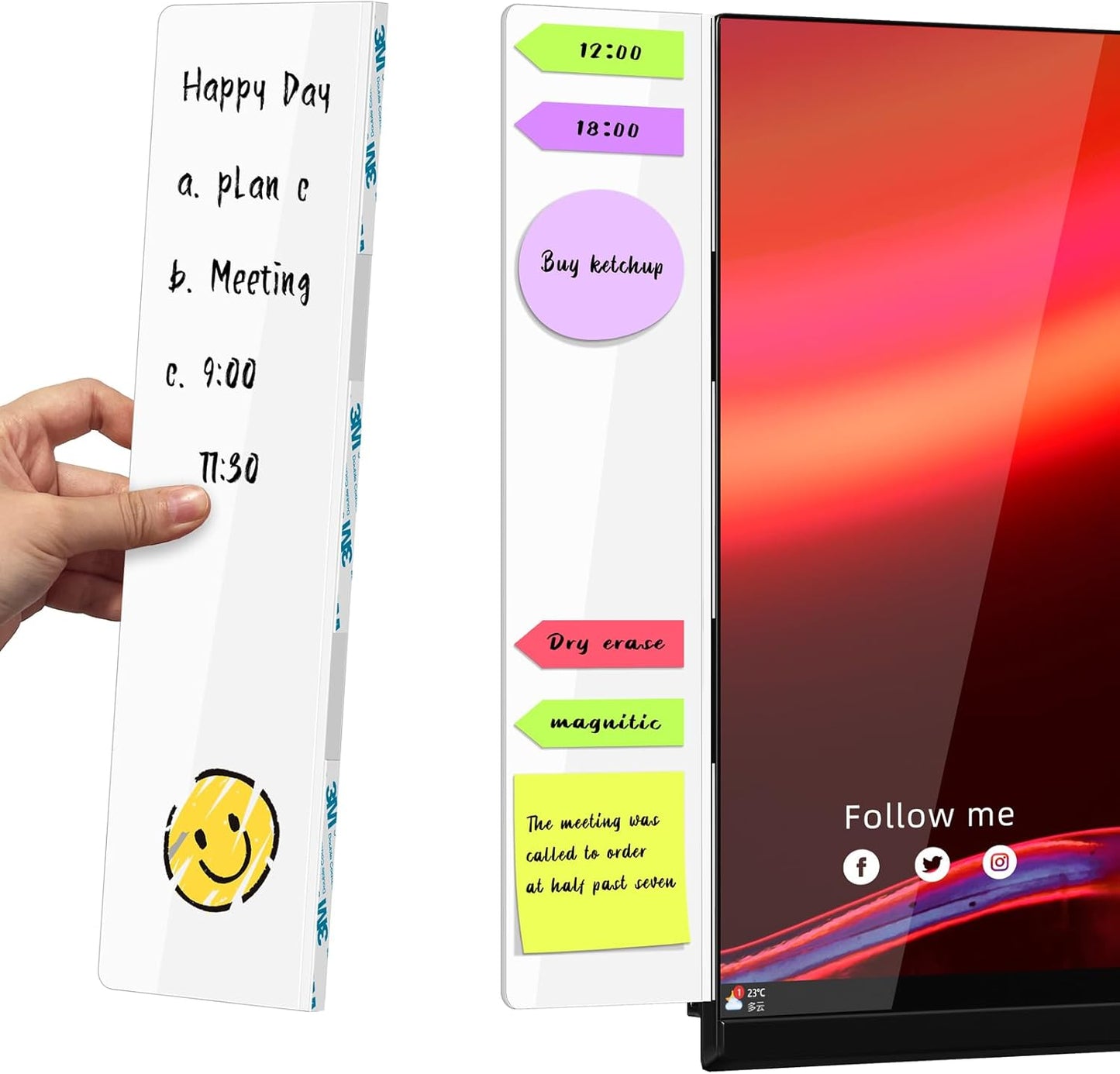 Crpich Large Transparent Memo Board – 13.2" x 3.3", 1 Pack Clear Acrylic Monitor Side Panel with 3M Adhesive, Sticky Note Holder for Office Desk