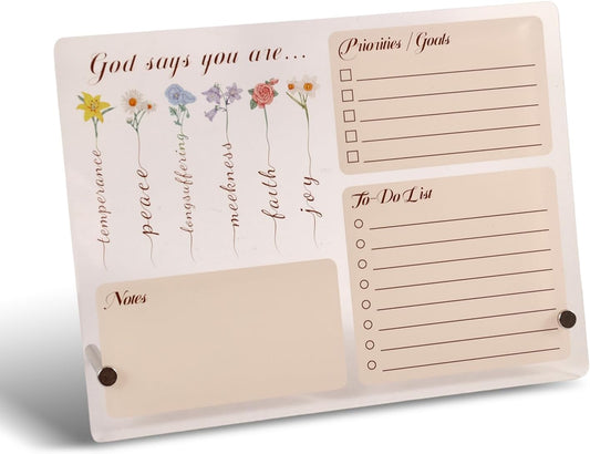 PAGEMORE Acrylic Dry Erase Board with Stand - Christian Desk Decor, Inspirational To-Do List Notepad, Reusable Floral Desktop Whiteboard for Home Office Organization, Religious Gift for Women