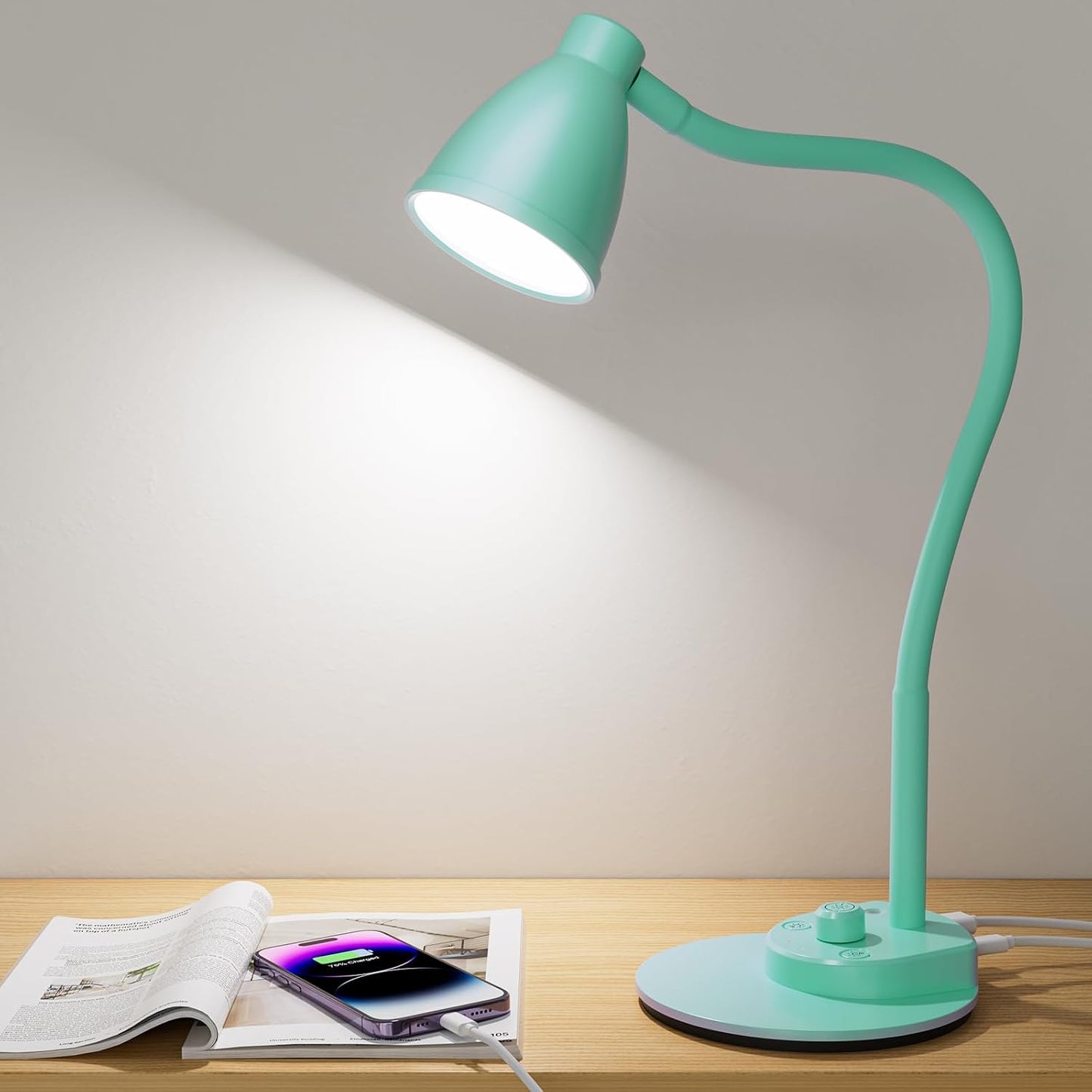 BOHON LED Desk Lamp with USB Charging Port, 3 Color Modes Dimmable Reading Lamp, Auto Dimming Task Lamp, Flexible Neck Table Light for Dorm Bedside, Adapter Include, White