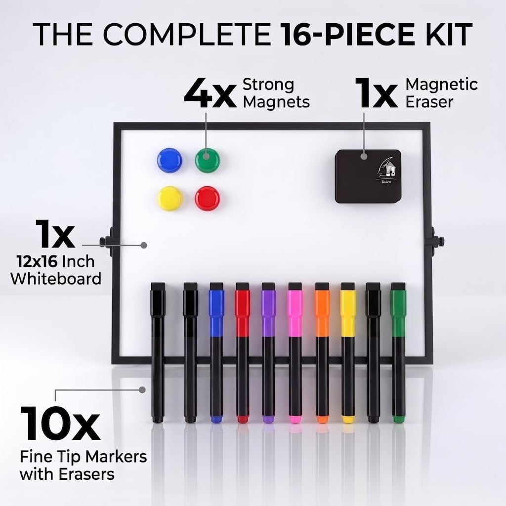 Magnetic Dry Erase Board 16x12 Inch - Double-Sided Desktop Whiteboard with 360° Rotating Stand - Small Portable White Board Set with 10 Markers, 4 Magnets, Eraser for Home Office, School, Desk