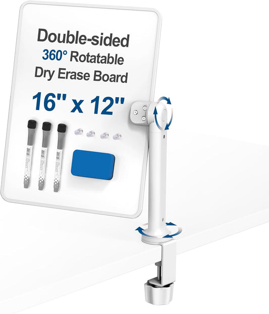 Double-Sided Clamp-On Desk Whiteboard, 360° Swivel Desktop Dry Erase Board for Office & Home Study, Fits Desks Under 2.3" Thick, Space Saving Memo Board (16" x 12") with Markers(1pc)