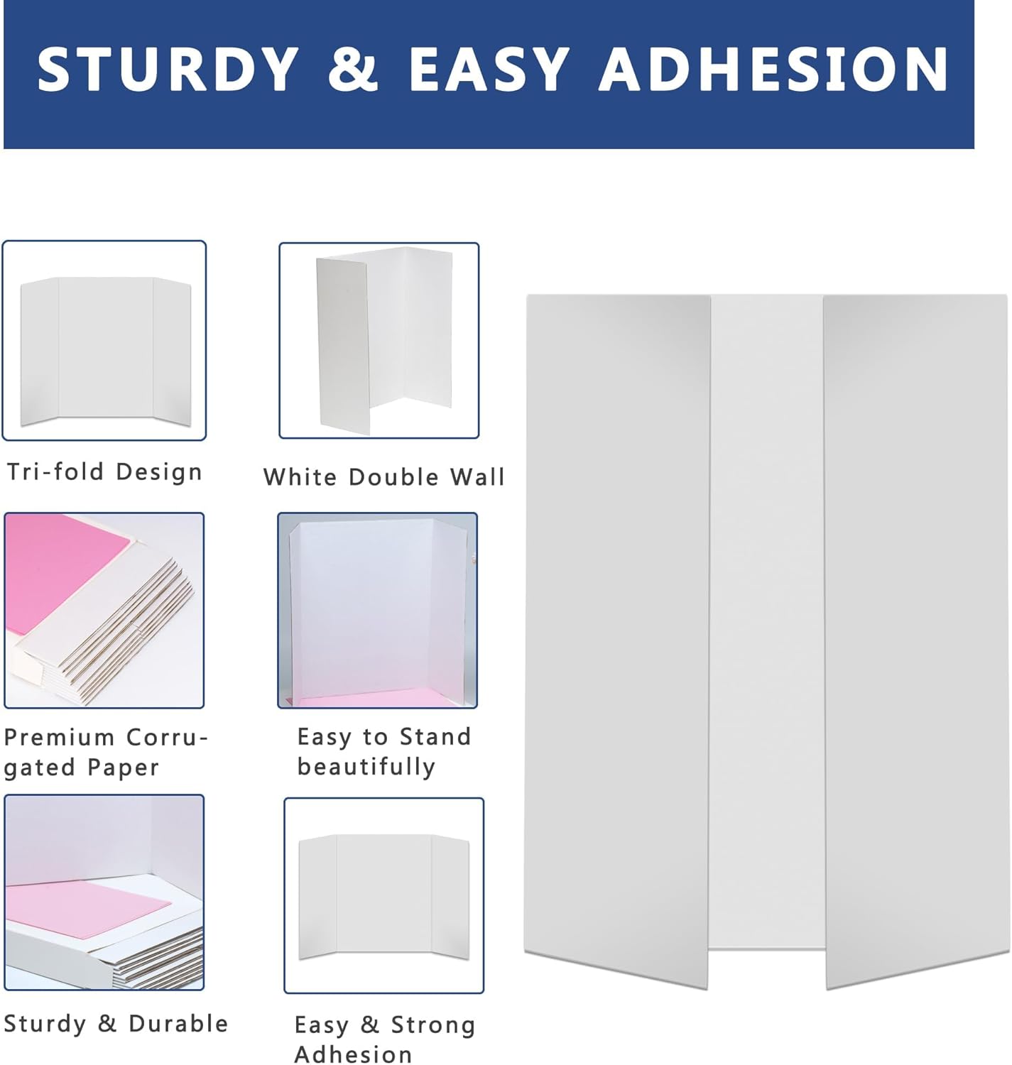 Rsgift 4 Pcs Small Tri-fold Poster Boards with Double Sided Tapes and Cardboard,21.2x13.8 inches,Corrugated Presentation Boards, Display Boards for School Project,Exhibitions,Business Presentation