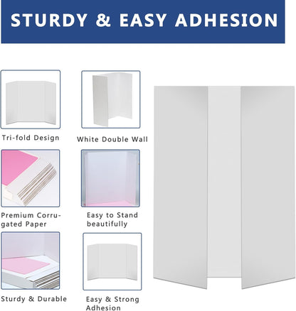 Rsgift 4 Pcs Small Tri-fold Poster Boards with Double Sided Tapes and Cardboard,21.2x13.8 inches,Corrugated Presentation Boards, Display Boards for School Project,Exhibitions,Business Presentation