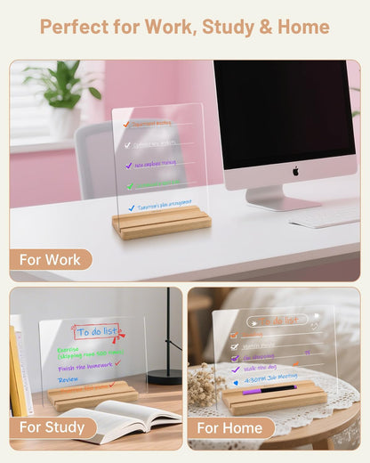 Clear Acrylic Dry Erase Board with Wood Stand – 9x12 Desktop Whiteboard for Writing, Drawing & Planning – Includes 6 Liquid Chalk Markers – Transparent Message Board for Home, Office, School