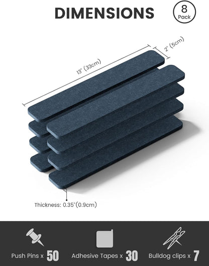 Fluxynara Cork Board Alternative Felt Strip Board 8-Pack 13"x2", Office Pin Board with 50 Push Pins, Adhesive Install for Bedroom Door & Home Office(Linen Dusk)