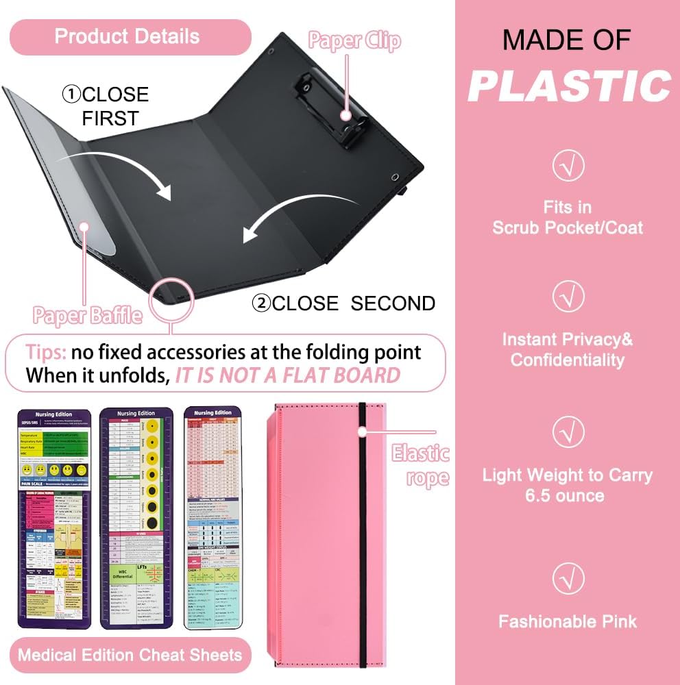 Vuzvuv Nursing Foldable Plastic Clipboard 3 Layers with Medical Edition Cheat Sheets, Pink Pocket Foldable Nurse Clip Boards Notepad for Students,Doctors and Medical Staff