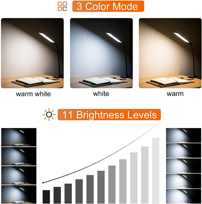 Vansuny Clip on Light LED Desk Lamp with Eye-Caring LED Light and Metal Clip, 6 Level Brightness 3 Color Modes, Power by USB Port 5W Adjustable Neck Reading Lamp for Home and Office (5W, Black)