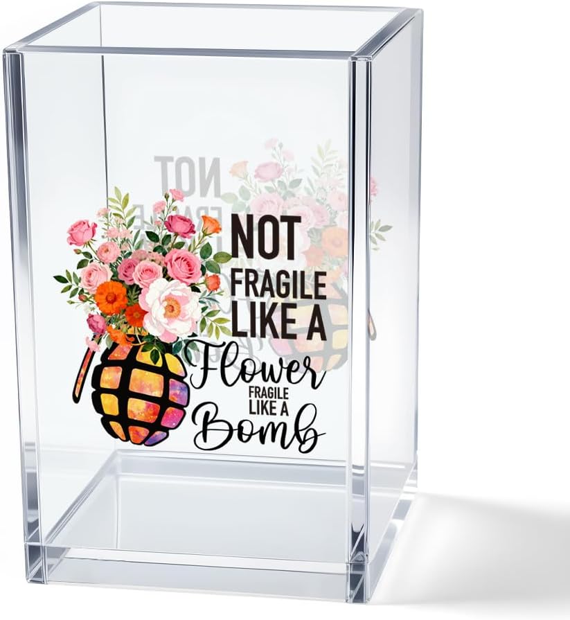 Never Let Anyone Dull Your Sparkle Acrylic Makeup Brush Organizer Holder, Girl Power Desk Acrylic Brushes Storage, Inspirational Quote Gifts for Women Friend Sister Make Up Artist Makeup Lover
