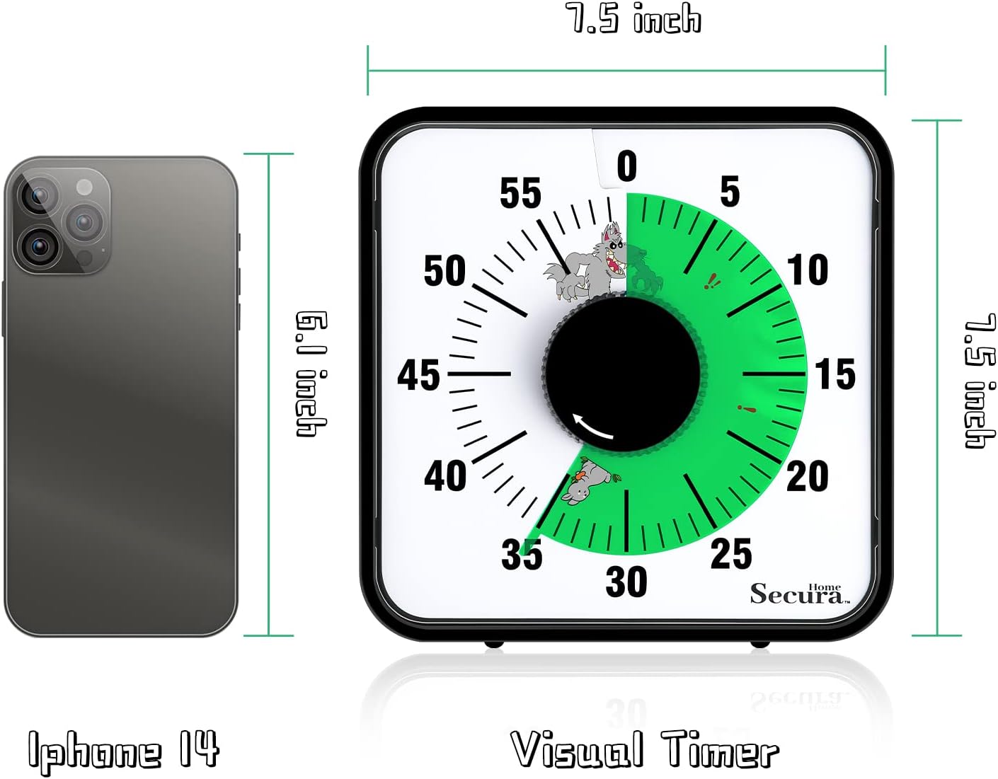 Secura Home 60-Minute Visual Timer, 7.5 Inch Oversize Countdown Timer Clock for Kids and Adults, Durable Mechanical Time Management Tool with Magnetic Backing （Dark Green）