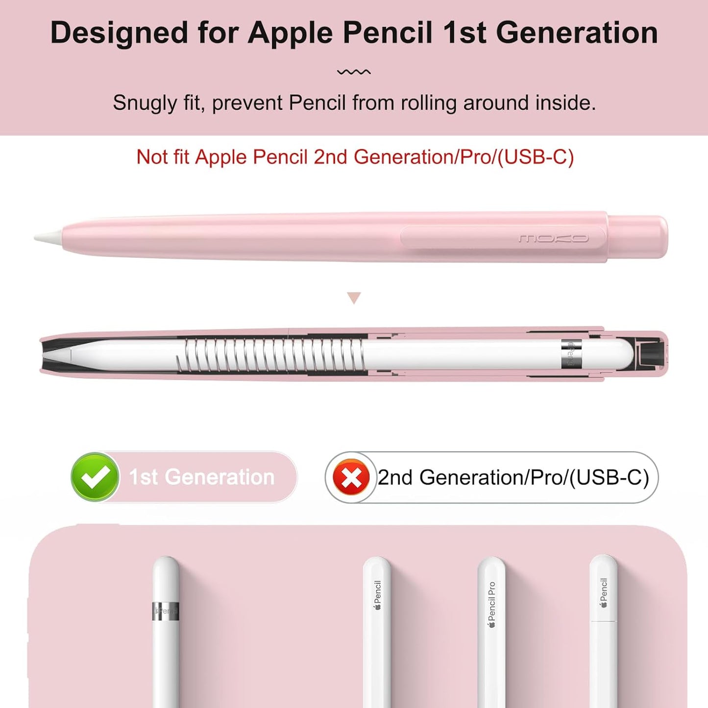 MoKo Holder Case for Apple Pencil 1st Generation, Retractable Apple Pencil 1st Case Protective iPad Pencil Sleeve Skin Cover with Sturdy Clip, Pink