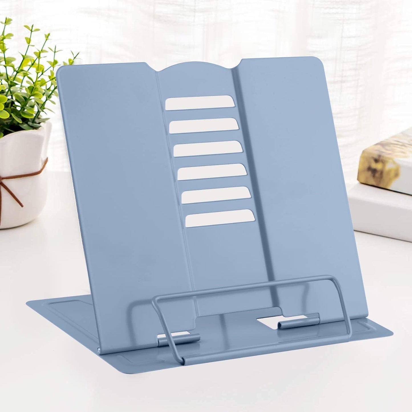 MSDADA Desk Book Stand Metal Reading Rest Book Holder Adjustable Cookbook Documents Holder Bookstands for Recipes Textbook Music Books, the First Day of School Gift for Students, Teachers (Light Blue)