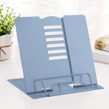 MSDADA Desk Book Stand Metal Reading Rest Book Holder Adjustable Cookbook Documents Holder Bookstands for Recipes Textbook Music Books, the First Day of School Gift for Students, Teachers (Light Blue)