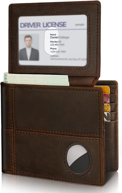 Mens Wallet With AirTag Holder, Bifold Leather RFID Blocking 1-2 ID Windows 12-13 Card Holders, Gift Box and Screen Protector Included, AirTag Not Included