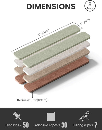 Fluxynara Cork Board Alternative Felt Strip Board 8-Pack 13"x2", Office Pin Board with 50 Push Pins, Adhesive Install for Bedroom Door & Home Office(Linen Dusk)
