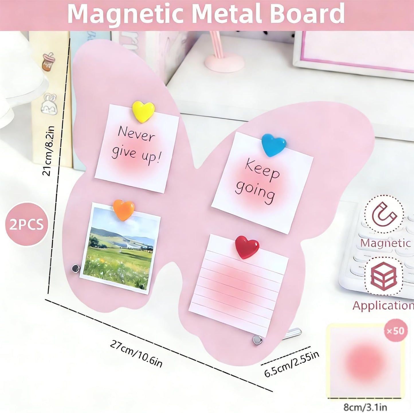 2 Pcs Magnetic Board, Black Magnet Message Board, 11"x7.8"Metal Magnetic Bulletin Board with 50pcs Memo Sheets and 8pcs Magnets, Magnet Display for Home, School, Kitchen, Office(Square,White)