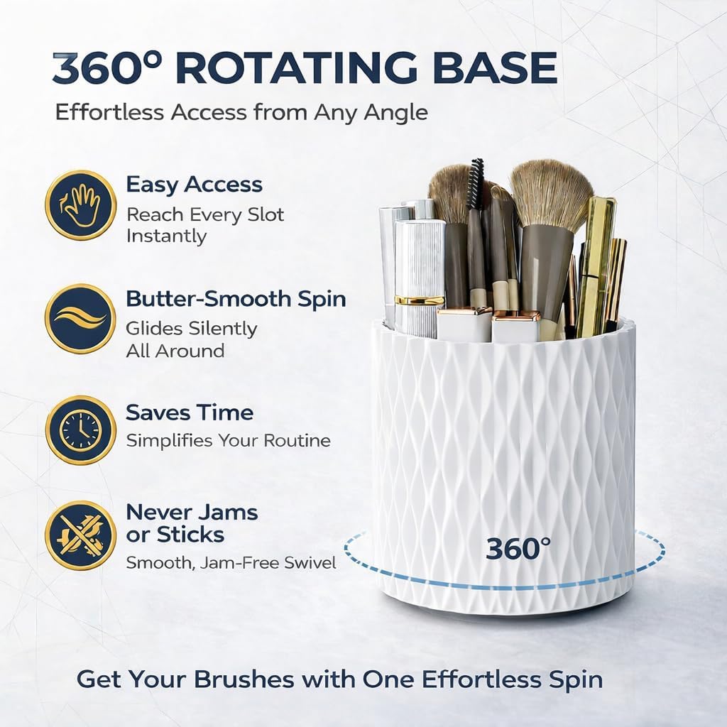 Makeup Brush Holder Organizer, 360° Rotating 5-Slot Make up Brushes Cup for Cosmetic, Lipstick, Hair Brush Holder - Spinning Vanity Countertop Caddy for Bathroom, Dorm & Office, Black