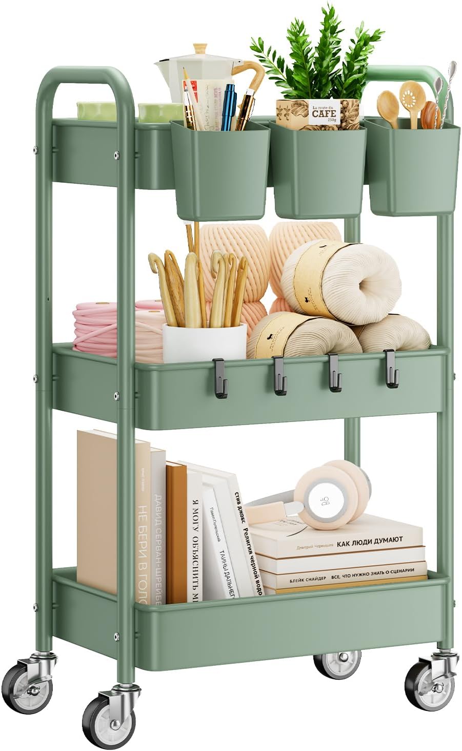 YASONIC 3 Tier Rolling Cart - Metal Utility Cart with Wheels, Hanging Cups, Hooks, Heavy Duty Mesh Rolling Storage Cart Organizer, Craft Cart for Kitchen Office, Lightweight and Sturdy