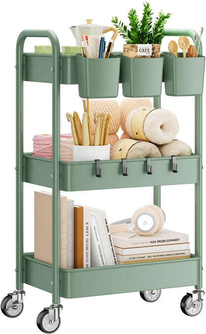 YASONIC 3 Tier Rolling Cart - Metal Utility Cart with Wheels, Hanging Cups, Hooks, Heavy Duty Mesh Rolling Storage Cart Organizer, Craft Cart for Kitchen Office, Lightweight and Sturdy