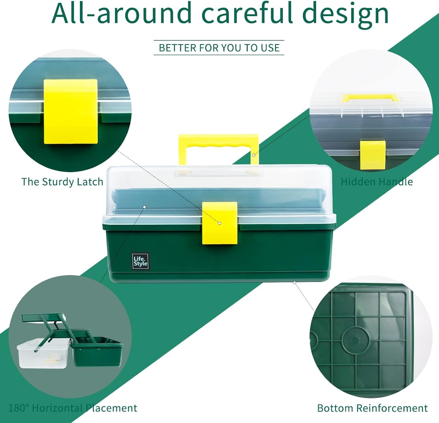 Creahaus 13 inch Art Craft Organizer Storage Box with 3 Layer, Multipurpose Plastic Tool Box with Handle for Sewing, Art Supply, Medicine, Nail, Hair Accessories (Yellow)