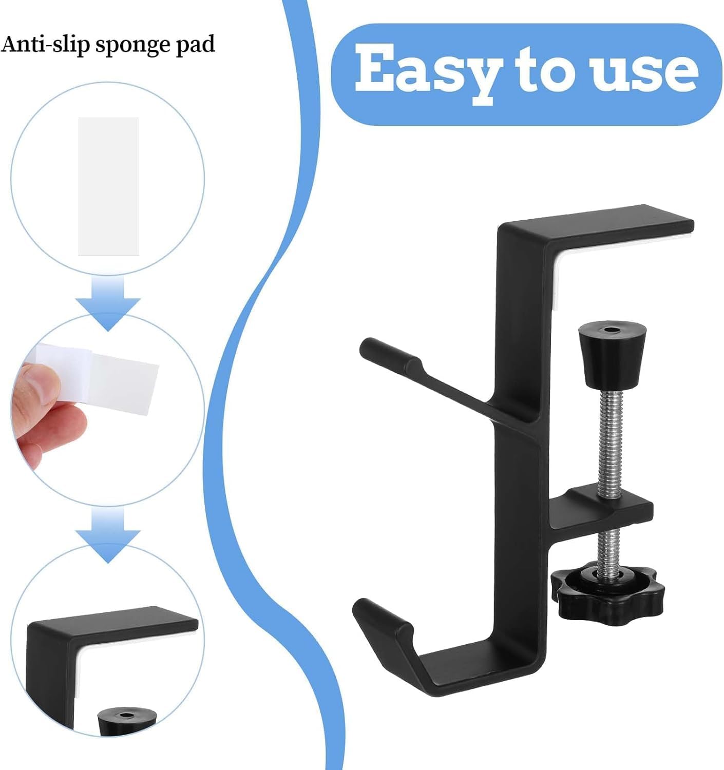 2Pcs Clamp-On Under Desk Headphone Holder Backpack Hook Students' Desk Hook with Adjustable Arm Clamp Women's Bag Handbag and Purse Holder - Suitable for Plate Between 1-5cm / 0.4-1.96” - Black