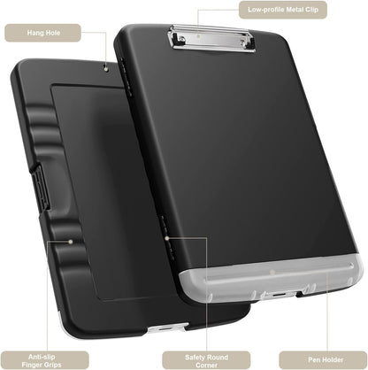 Piasoenc Clipboard with Storage, 8.5 x 11 Organization Box with Pen Holder and A4 Legal Paper Folder, Folio & Side-Opening, Low Profile Clip,for Nurses,Teachers, Size 14 x 9.6 x 1.2 in, Black