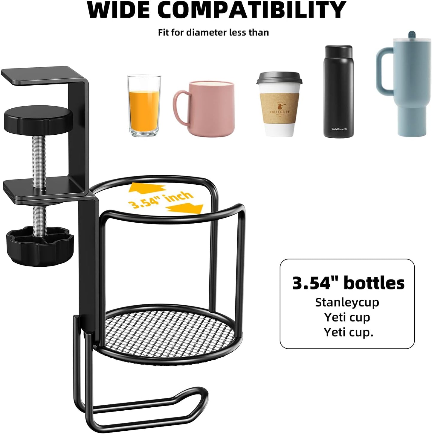 CABTE 2 in 1 Desk Cup Holder with Headphone Hanger Holder, Anti-Spill Clip-On Table Cup Hook with 360° Rotation for Lawn Chair, Office Home Gaming Table (1 Pack)