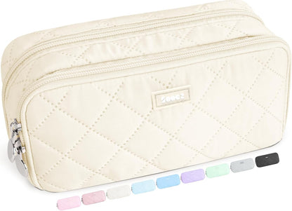 Sooez Large Pencil Case Pouch, Extra Big Pencil Bag with 8 Compartments, Pen Bag Wide Opening, Soft Quilted Pencil Pouch Organizer with Zipper, Portable Pencil Case for Teen Girls, Pink