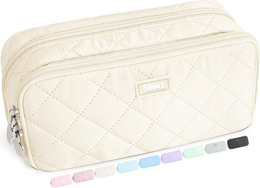 Sooez Large Pencil Case Pouch, Extra Big Pencil Bag with 8 Compartments, Pen Bag Wide Opening, Soft Quilted Pencil Pouch Organizer with Zipper, Portable Pencil Case for Teen Girls, Pink