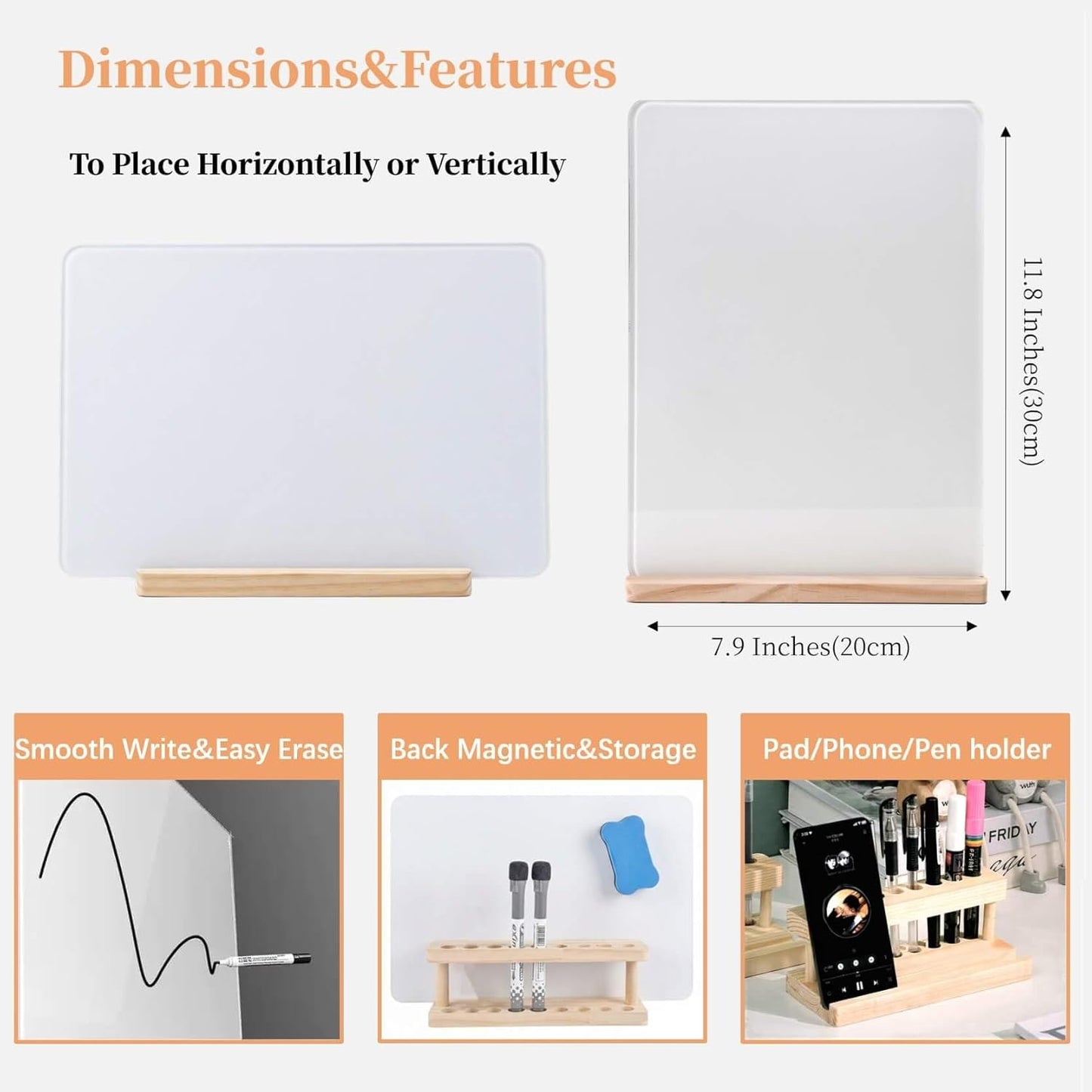 Glass White Board with Stand,Magnetic Mini Dry Erase Board for Desk,Small Desktop Whiteboard with Solid Wood Bracket