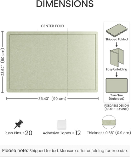 Fluxynara Bulletin Board, 23.6" x 17.5" Cork Board Alternative with 12 Safe Removable Adhesive Tabs, Foldable Felt Pin Board for Home Office, Classroom, Bedroom,Entryway for Walls—Sage