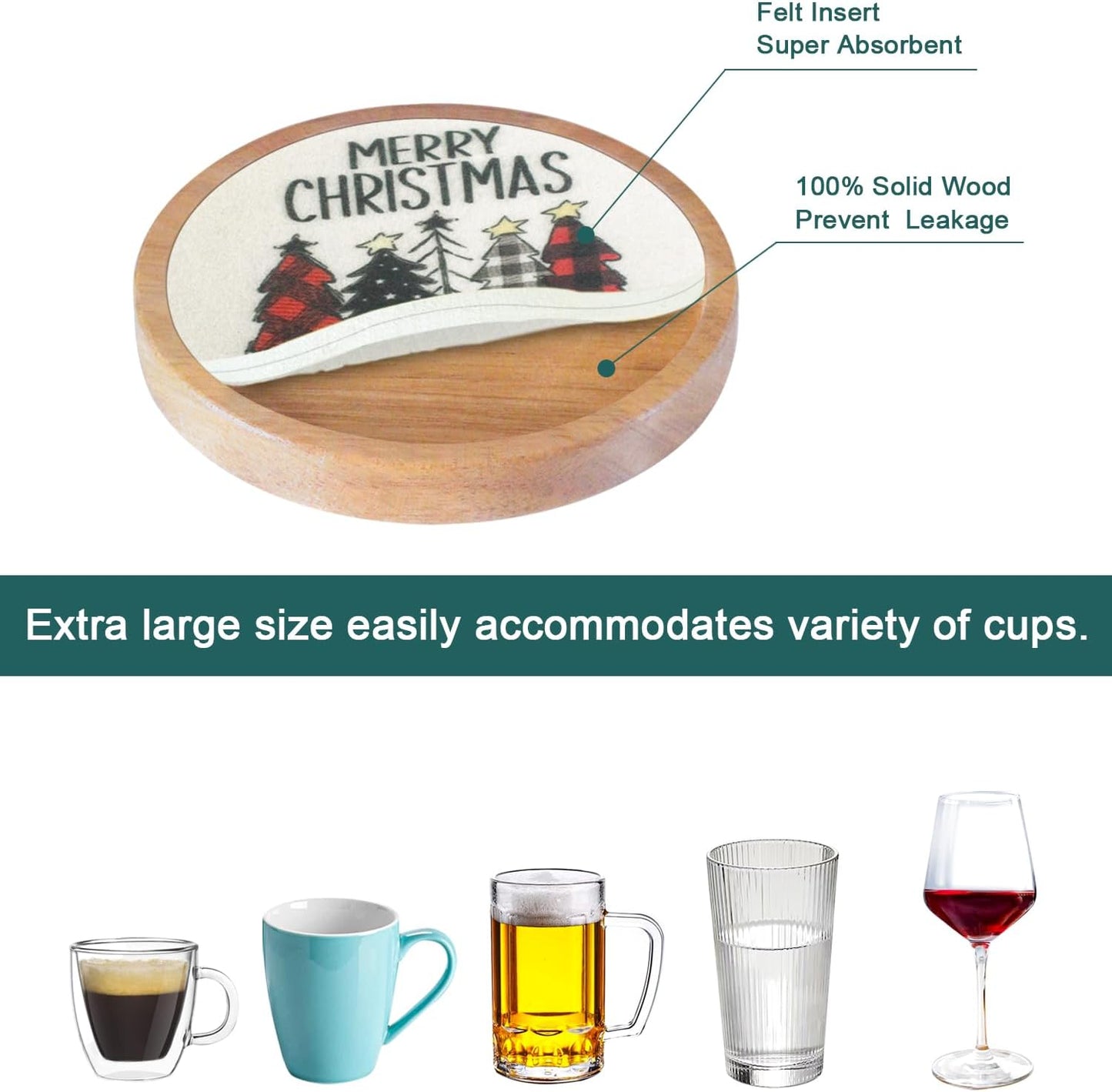 Wood Coasters for Drinks, Minacun Absorbent Coaster Sets of 5, Drinks Coasters for Coffee Tabletop Protection, Non-Slip, Non-Stick, Suitable for Kinds of Cups Wooden Table Drink, 4.3 Inches Black