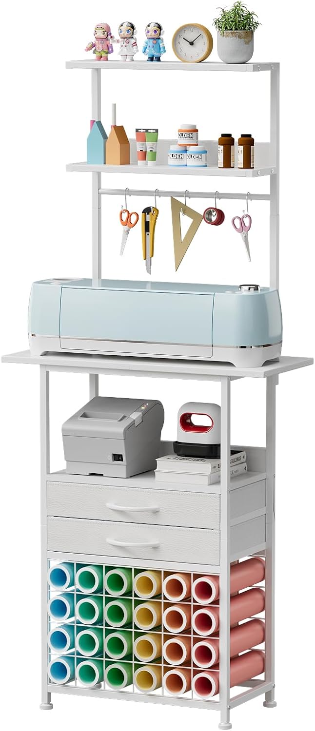 VENNQD Stand Compatible with Cricut Maker and Cricut Explore Air Series Craft Organizers and Storage with 2 Fabric Drawer and Shelves Crafting Table with Vinyl Roll Holder Workstation, White