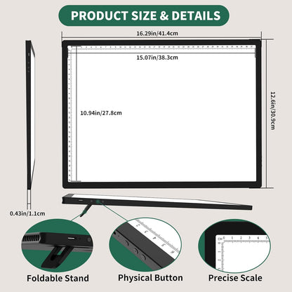 HIUKCOLED Wireless Battery Powered A3 Light Pad, 3 Colors Stepless Dimmable and 6 Levels Brightness Light Board, Rechargeable LED Light Tracing Box for Diamond Painting,Cricut Weeding Vinyl Tools
