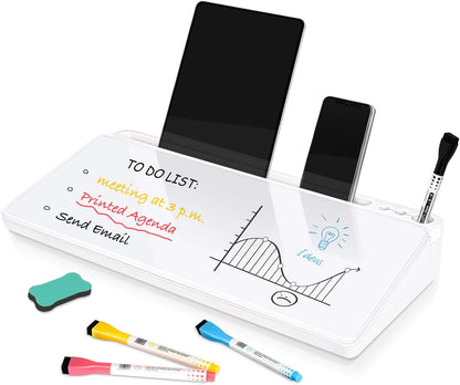 DOLLAR BOSS Glass Desk Whiteboard Calendar Small Dry Erase Board Desktop White Board with Storage Drawer Computer Keyboard Stand Desk Organizer, Colorful Weekly Calendar, Black