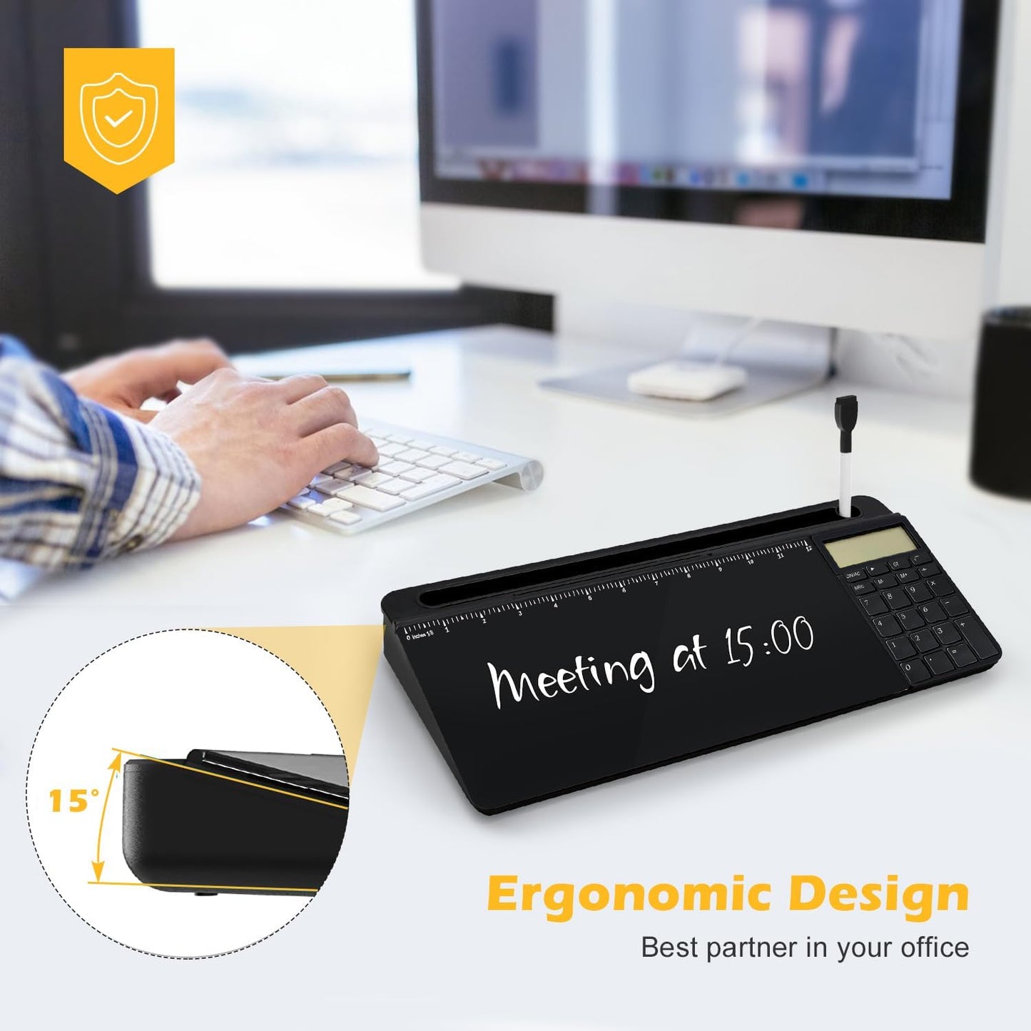 Desktop Glass Whiteboard with Mirror & Calculator(12 Digit LCD Display) & Ruler Marker,Tilted Computer Keyboard Stand with Dry Erase Board Surface, Desk Organizers with Accessories,Black