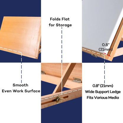 Artkey Beech Wood Tabletop Easel, Adjustable 0-65° Desktop Drawing Board for Painting, Sketching & Drafting, Folds Flat Portable Art Easel with Shoulder Strap, 17.3" x 12.9"