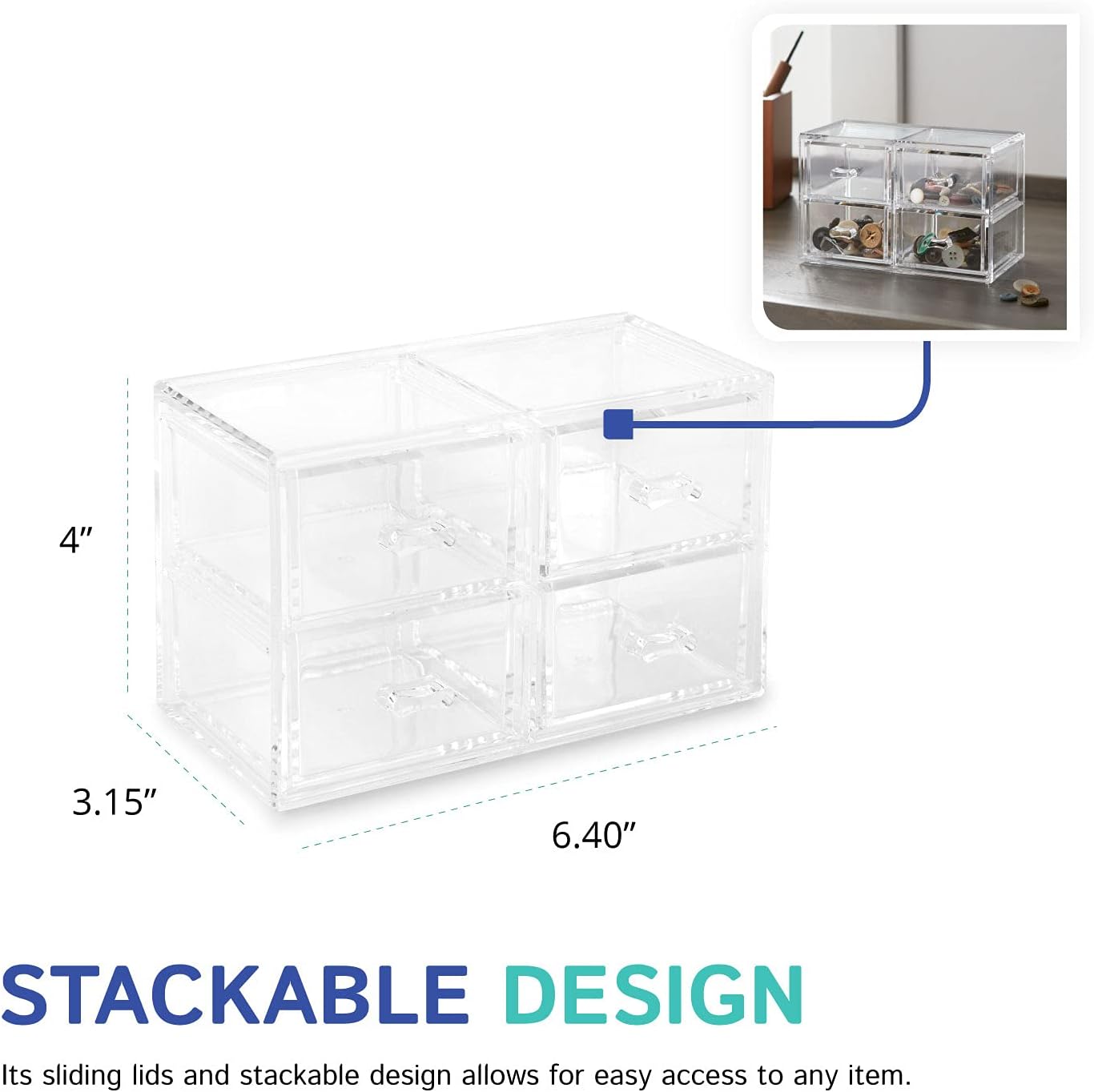 Huang Acrylic Clear Stackable Upright 3-Drawer Organizer, Makeup Jewelry Accessories Cosmetic Countertop Storage Display 3.5 x 3.25 x 5.75 inches
