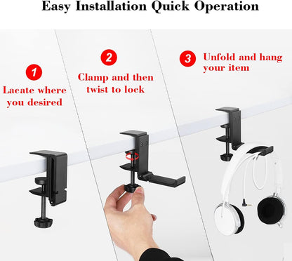 Headphone Holder Under Desk Hook with Cable Organizer, Foldable Aluminum Headset Mount, Space-Saving Hanger for Most Headphones